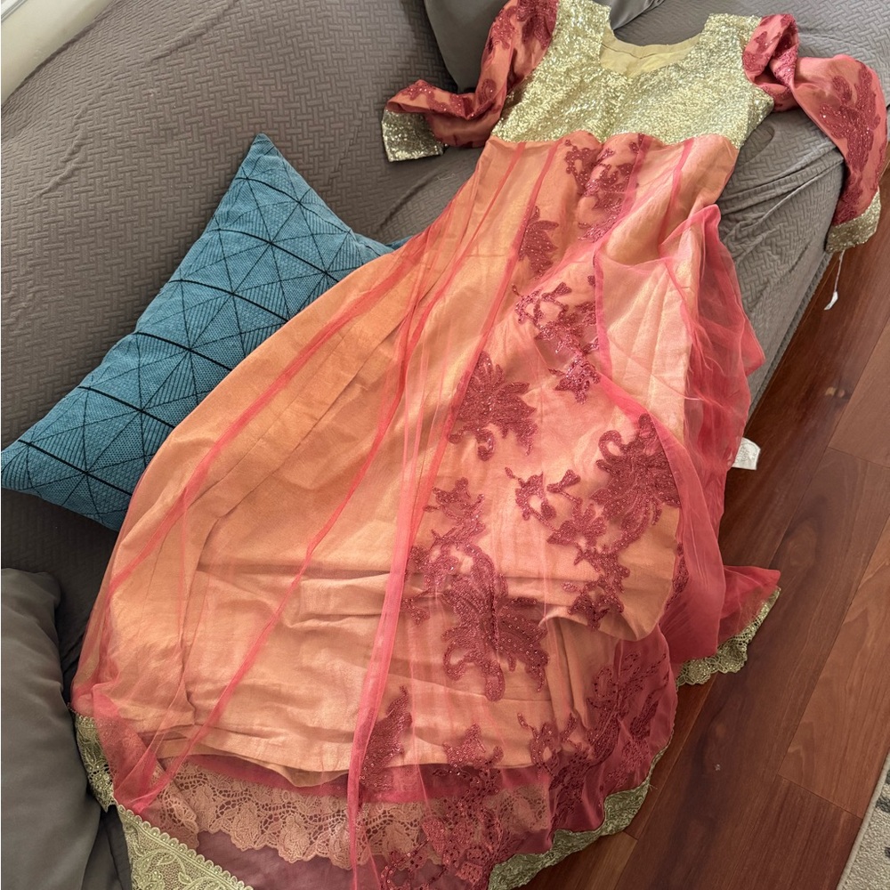 Elegant Pink and Gold Embroidered Gown